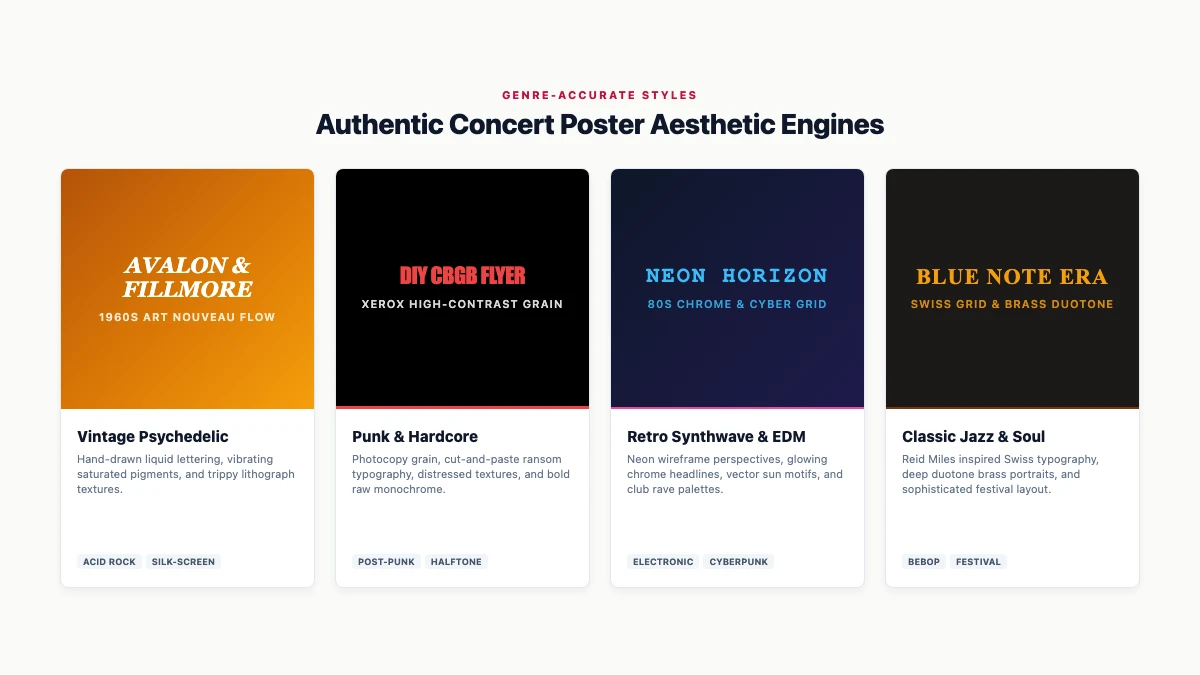 Multi-genre concert poster examples comparing vintage psychedelic, grunge rock, and retro synthwave aesthetic styles.