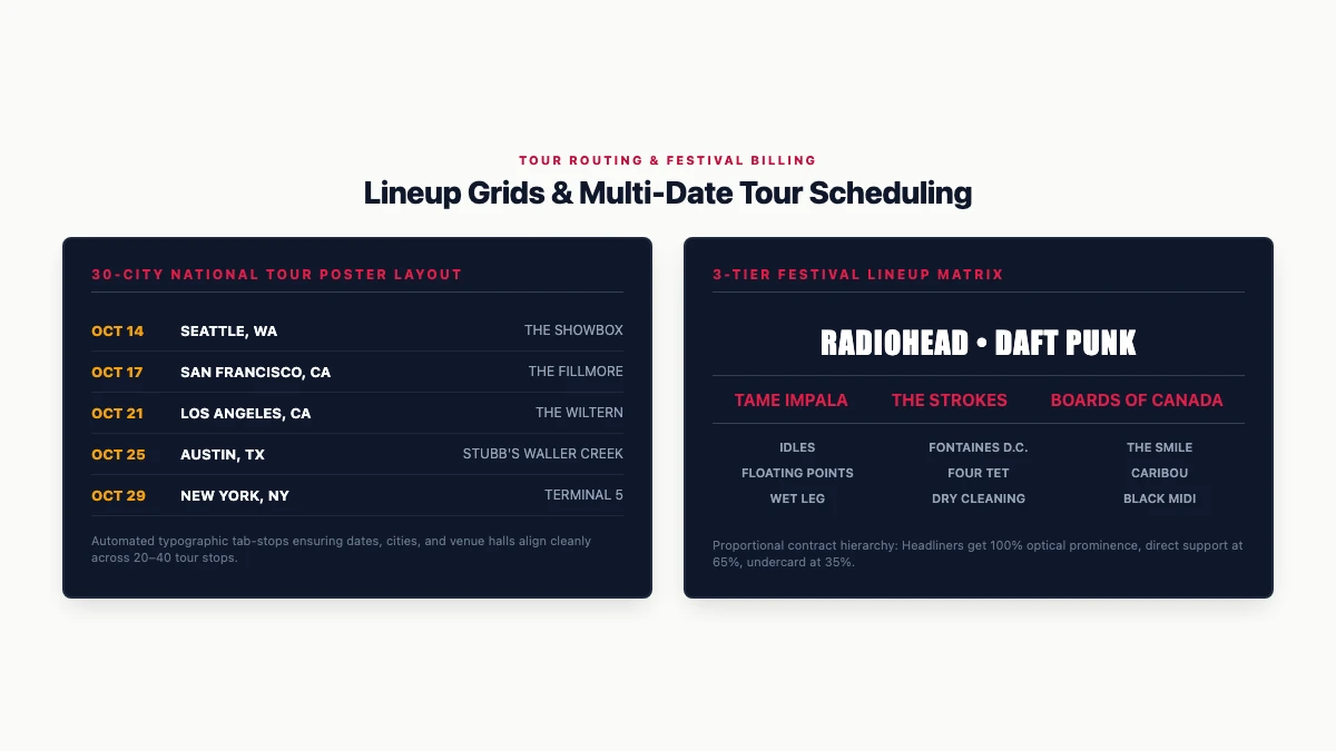 Multi-city tour poster layout organizing sequential concert dates and festival stage schedules in structured columns.