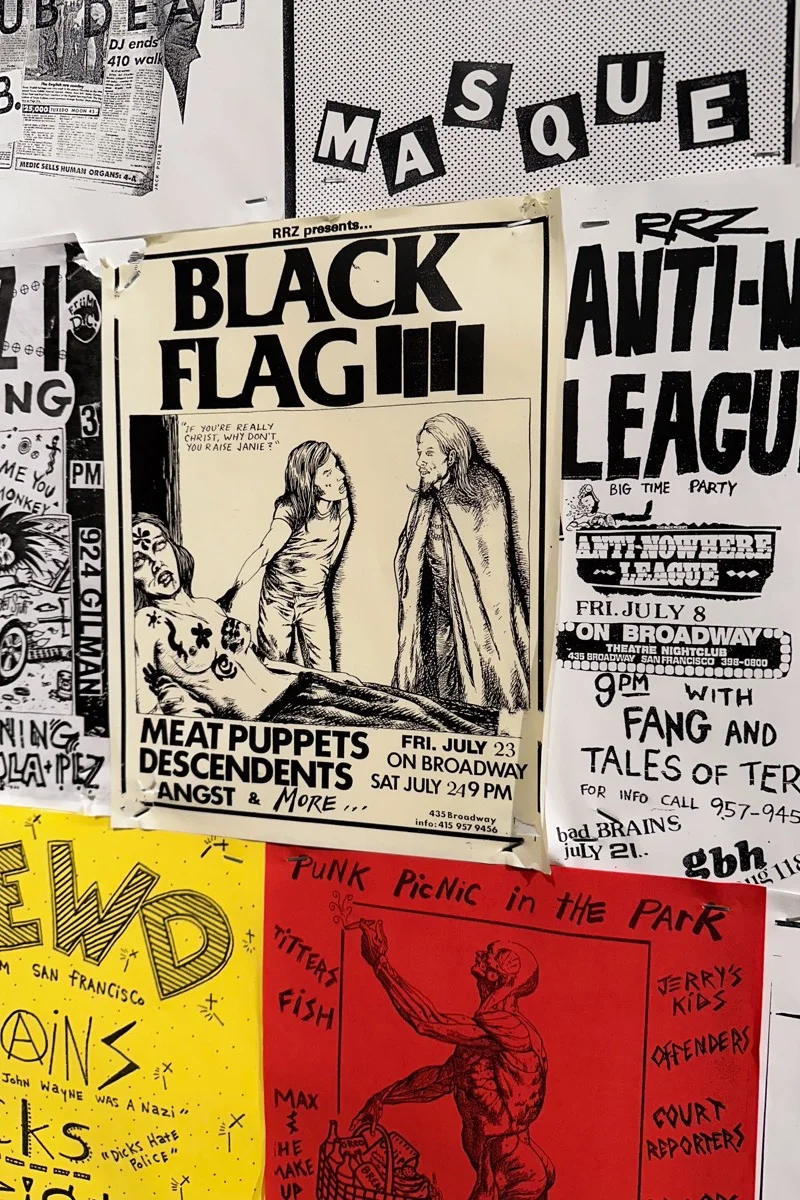 High-contrast punk band concert poster with rough photocopy halftone texture and stencil lettering.