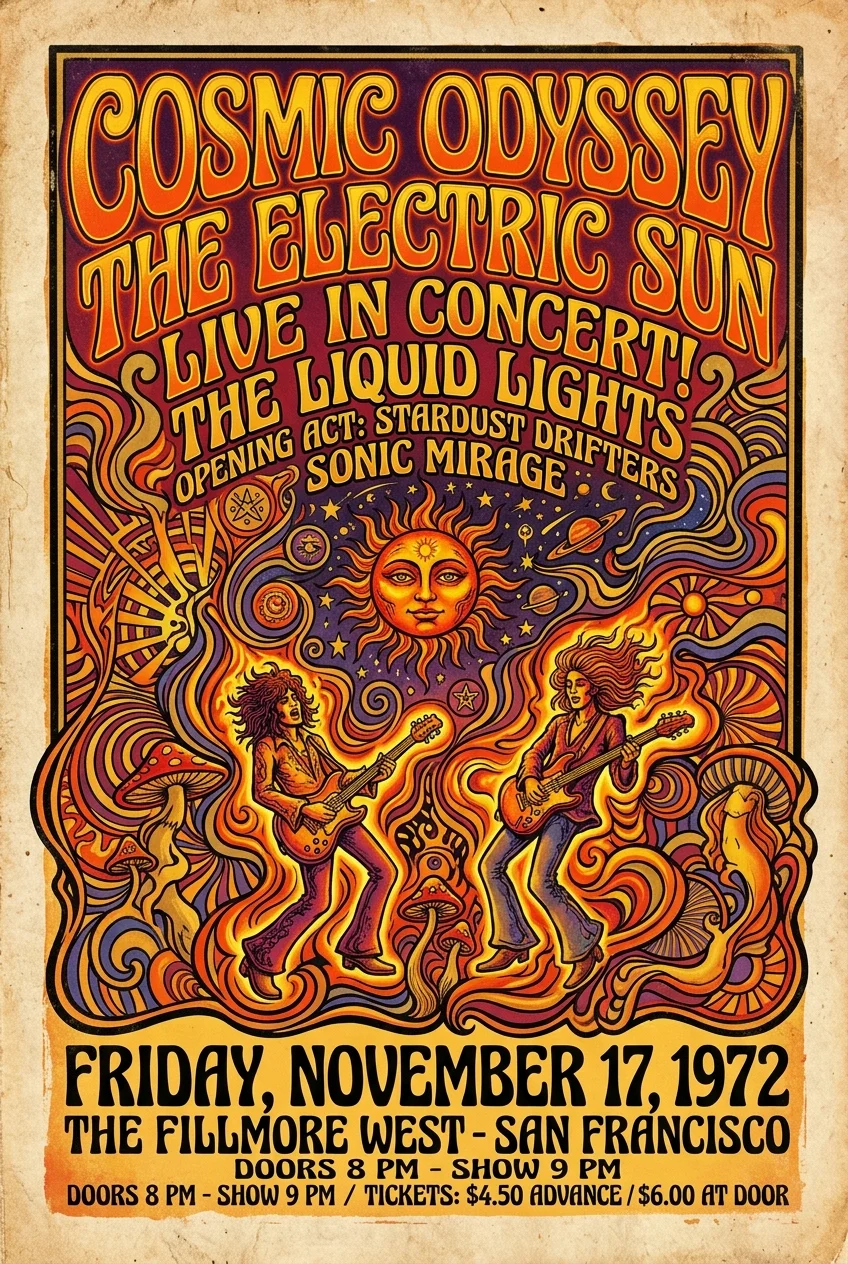 1960s vintage concert poster with fluid psychedelic lettering, warm mustard and terracotta palette, and sun illustration.