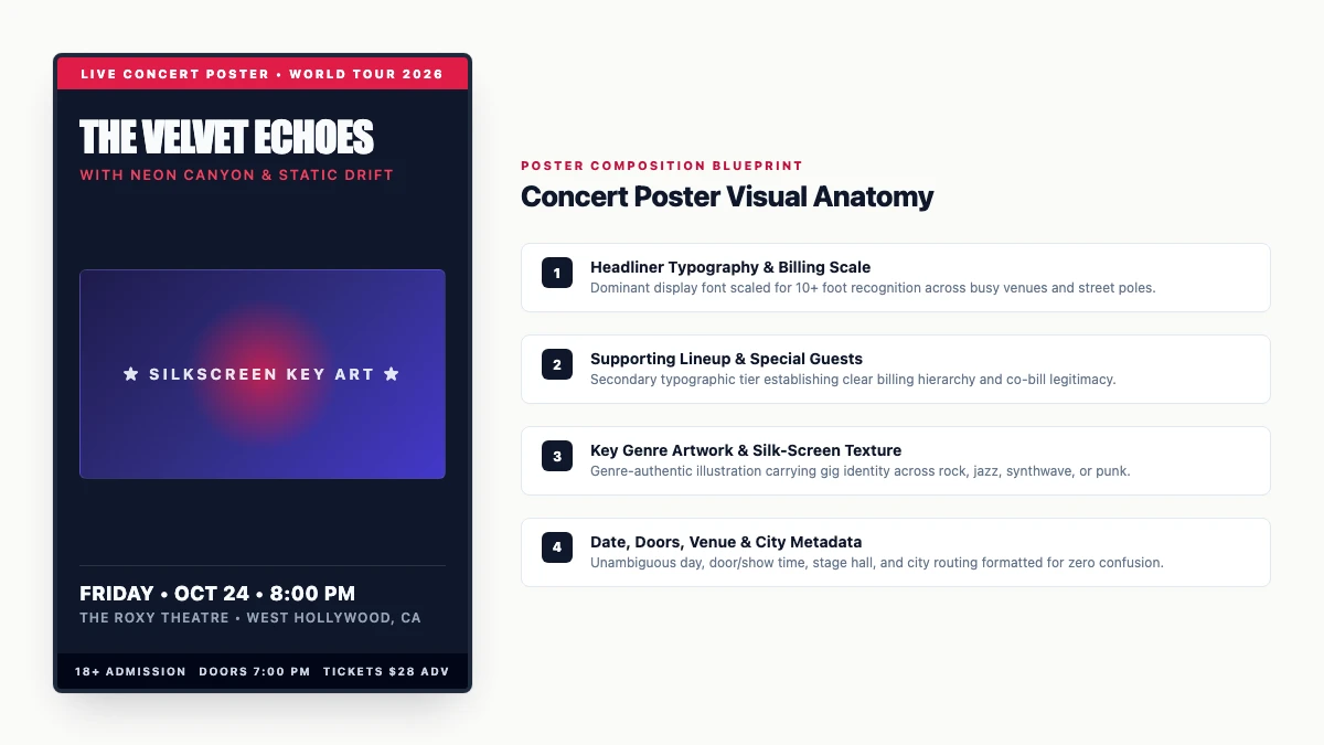 Diagram showing the key anatomy of a concert poster: headliner typography, lineup hierarchy, show dates, venue details, and ticket rules.