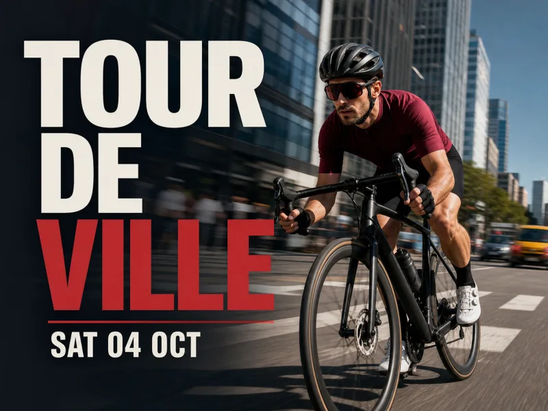 Poster from a photograph of a road cyclist in city traffic, headline TOUR DE VILLE in white and red with SAT 04 OCT set beneath it.
