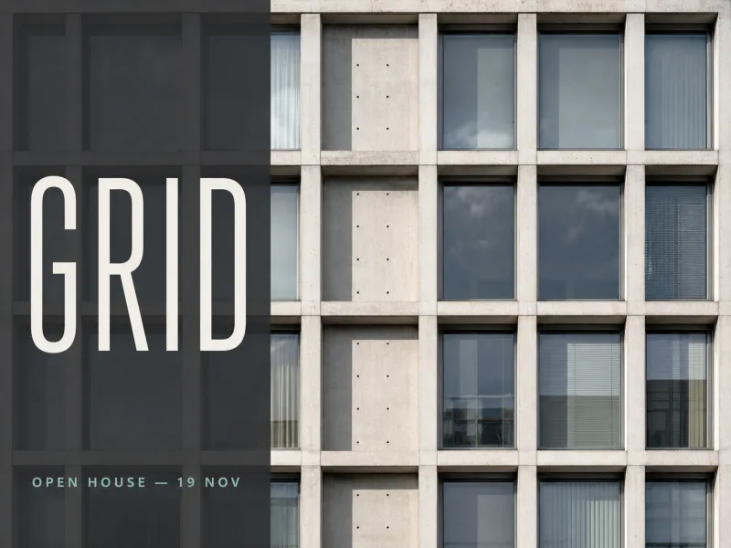 Poster from a concrete modernist facade photograph, headline GRID over a shaded panel, with OPEN HOUSE — 19 NOV in small crisp caption type.