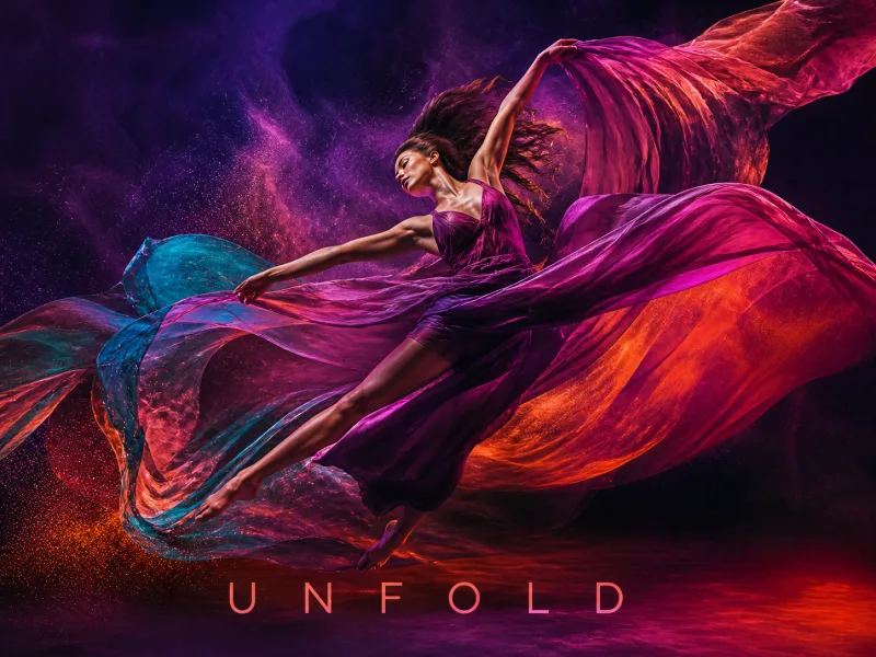 Dancer photograph rebuilt into a full-bleed magenta and orange poster scene of sweeping fabric, with only the small headline UNFOLD low in the frame.