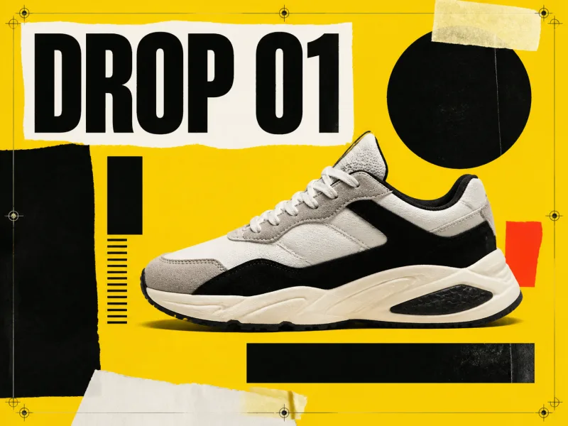 Rough composition test from a sneaker photograph on flat yellow, with torn paper blocks and a heavy DROP 01 headline.