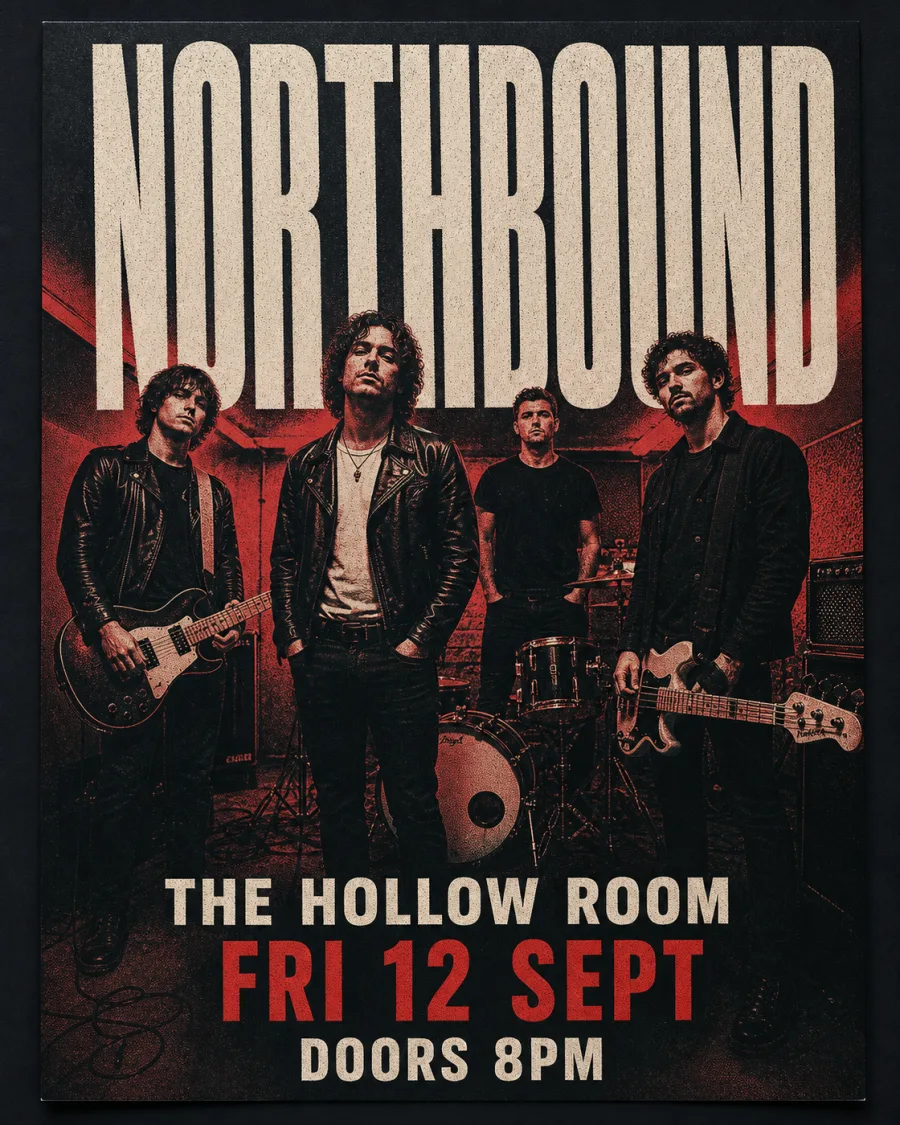 Red, black and bone gig poster reading NORTHBOUND over a photograph of a four-piece band in a rehearsal room, with THE HOLLOW ROOM, FRI 12 SEPT and DOORS 8PM stacked beneath.