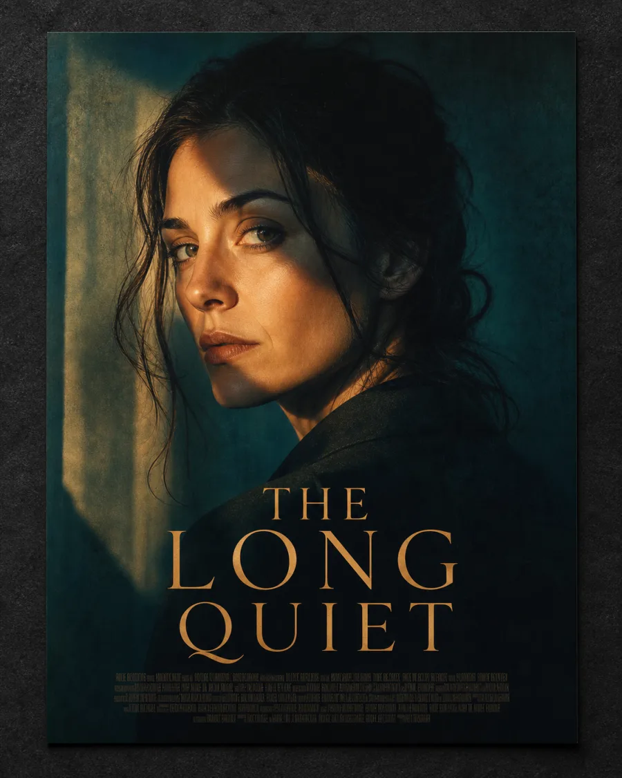 Cinematic one-sheet in teal and amber built from a studio headshot of a woman glancing back, titled THE LONG QUIET above a dense billing block.