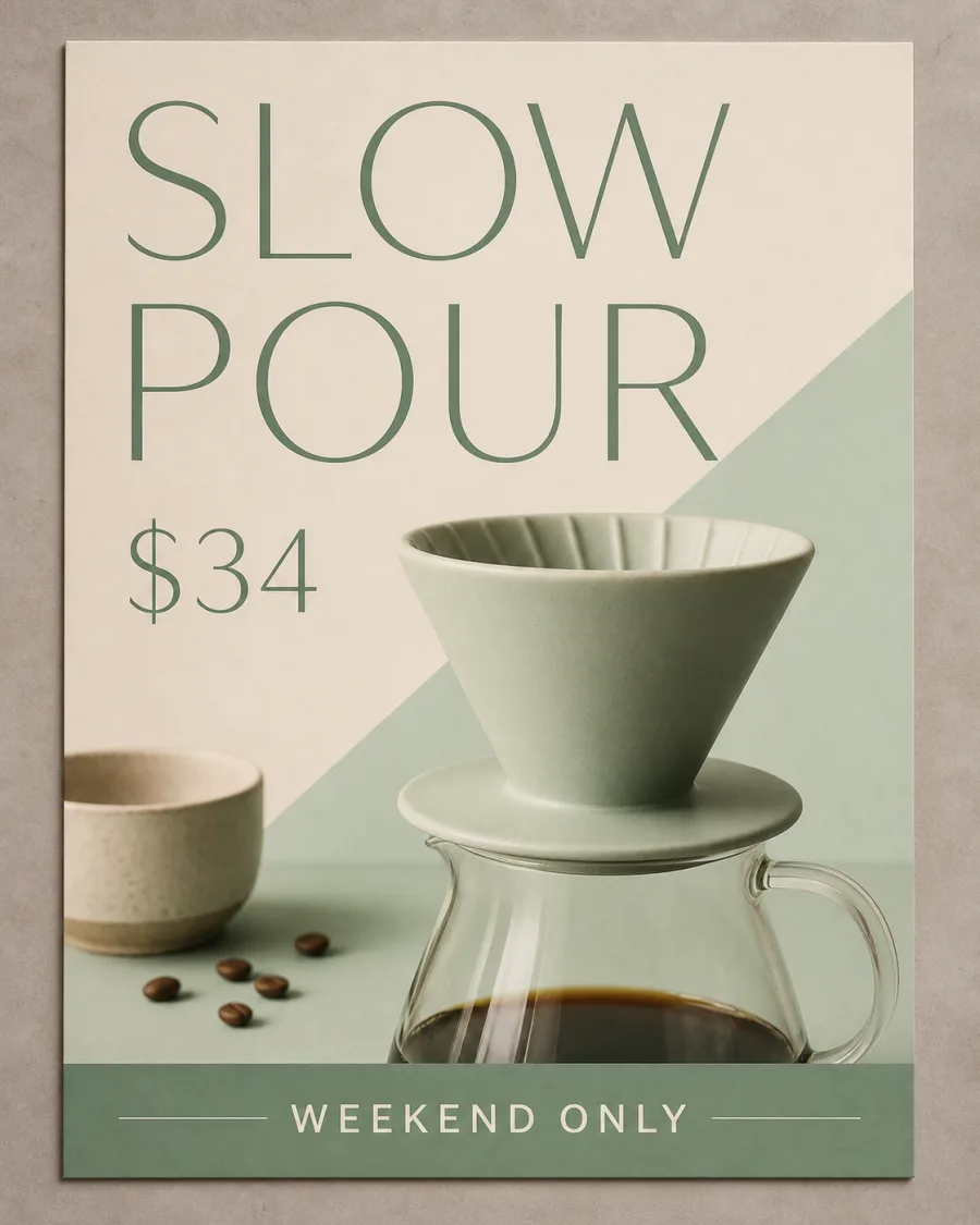 Sage-green and cream promo poster reading SLOW POUR over a photograph of a ceramic pour-over dripper on a glass carafe, priced $34, with a WEEKEND ONLY strip along the bottom.