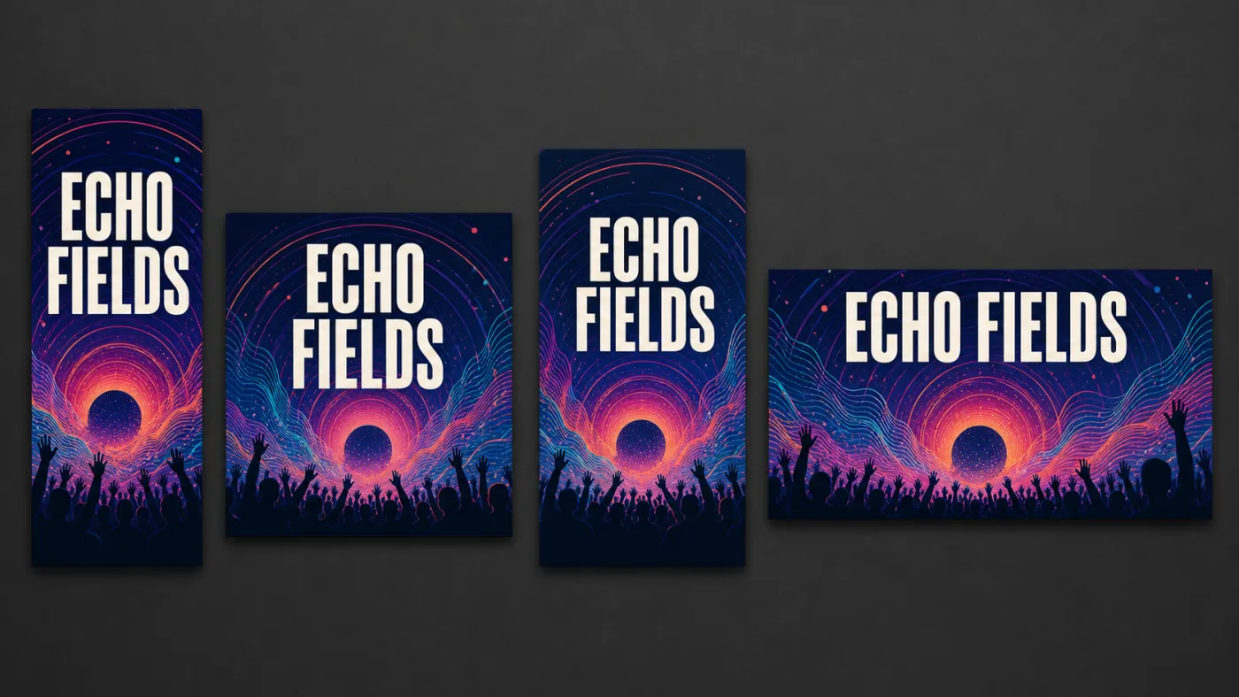 Dasselbe Festivalplakat Echo Fields in vier Formaten – ein hohes Hochkant-Banner, zwei Porträtformate und ein breites Querbanner – vor einer dunkelgrauen Wand.