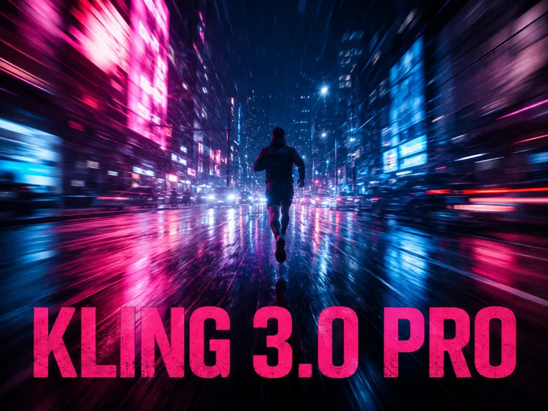 Karte mit der Beschriftung KLING 3.0 PRO: eine einzelne laufende Figur auf regennasser Neonstraße, Magenta- und Blaulicht zieht in starker Bewegungsunschärfe vorbei.