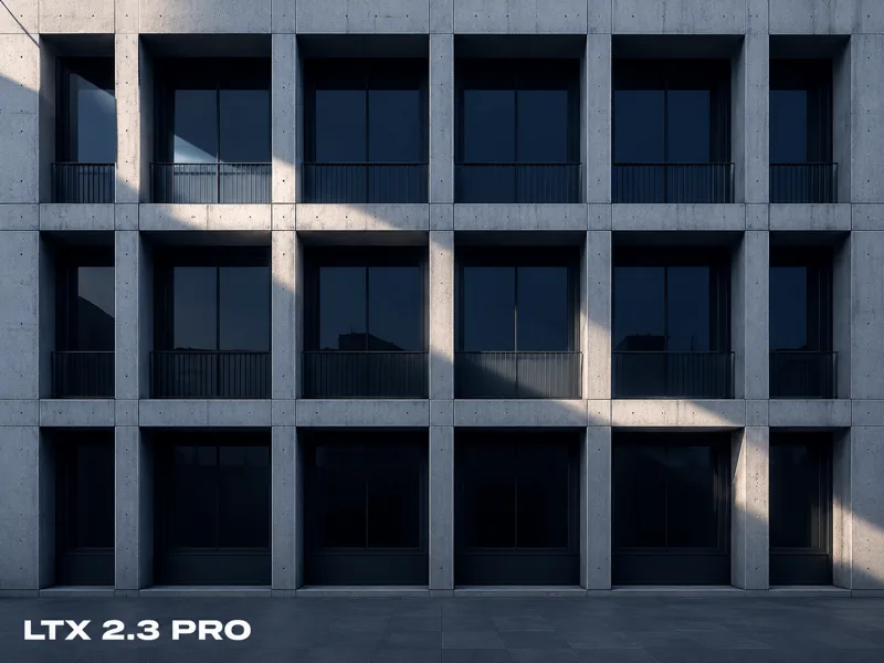Karte mit der Beschriftung LTX 2.3 PRO: eine modernistische Betonfassade im strengen Raster, durchzogen von einem einzelnen diagonalen Lichtstreifen.