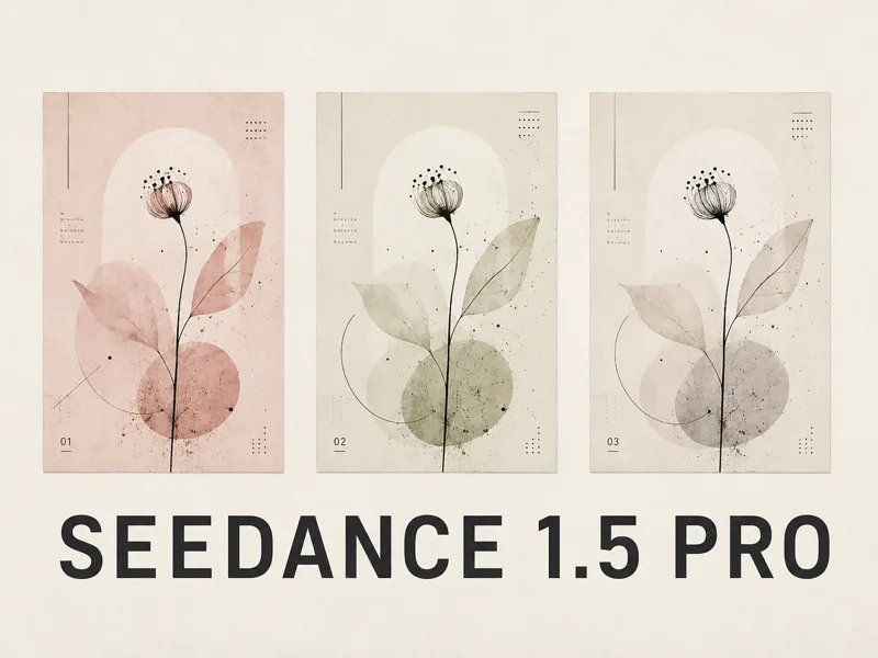 Karte mit der Beschriftung SEEDANCE 1.5 PRO: drei blasse Entwurfsfelder derselben botanischen Studie nebeneinander in Rosé, Salbei und warmem Grau.