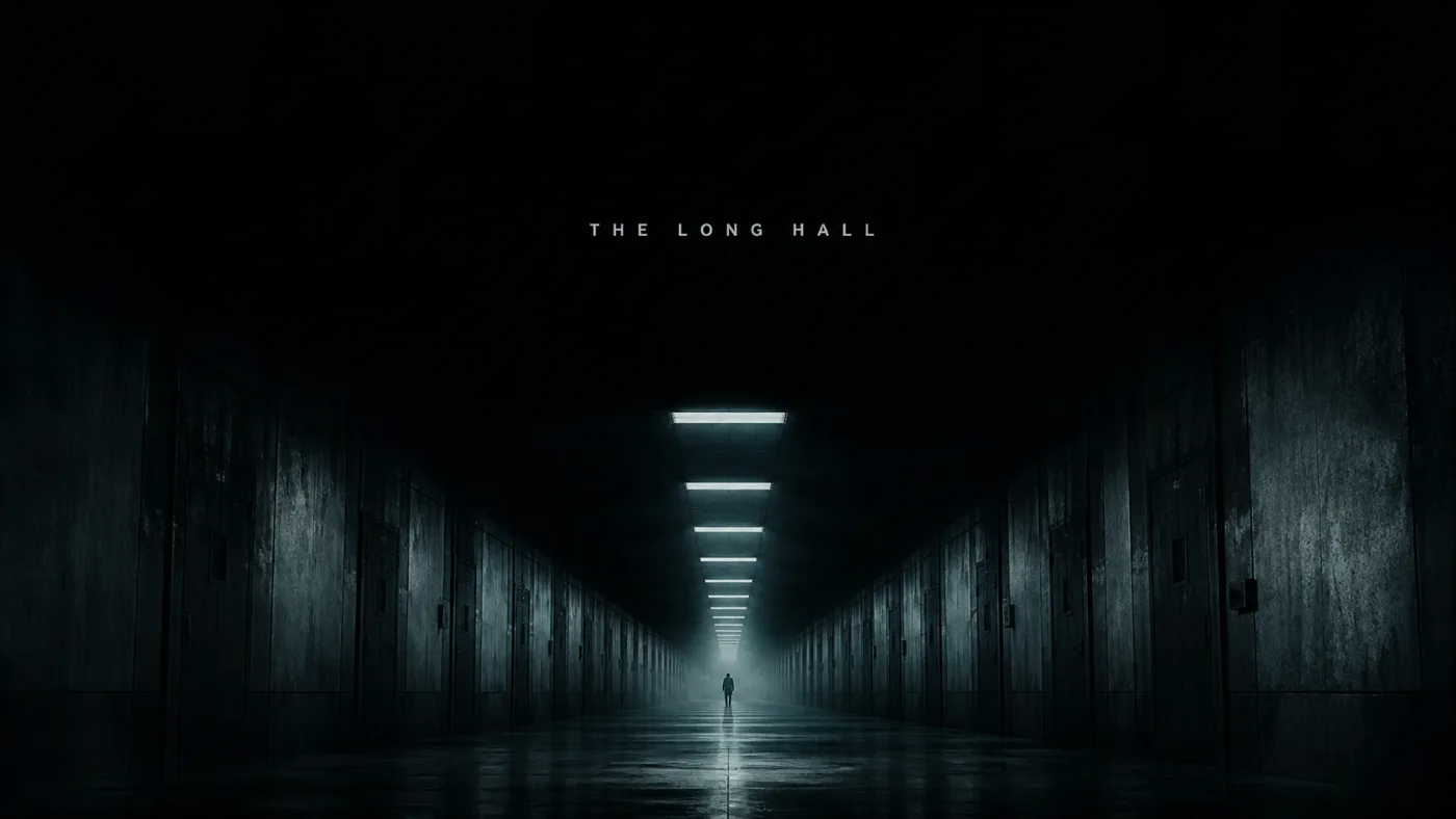 Thriller-Teaserplakat: eine kleine Figur am Ende eines mit Lichtbändern beleuchteten Betongangs, der Titel The Long Hall klein gesetzt in der leeren oberen Bildhälfte.