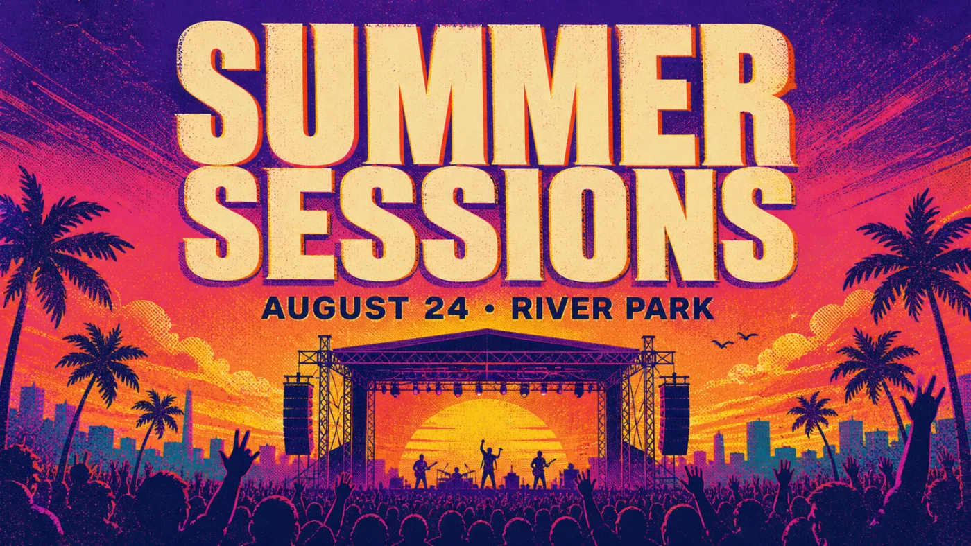 Festivalplakat Summer Sessions mit gestapelter Überschrift, der Datumszeile August 24 River Park und Bühnen- und Publikumssilhouetten unter einem gedruckten Sonnenunterganghimmel.
