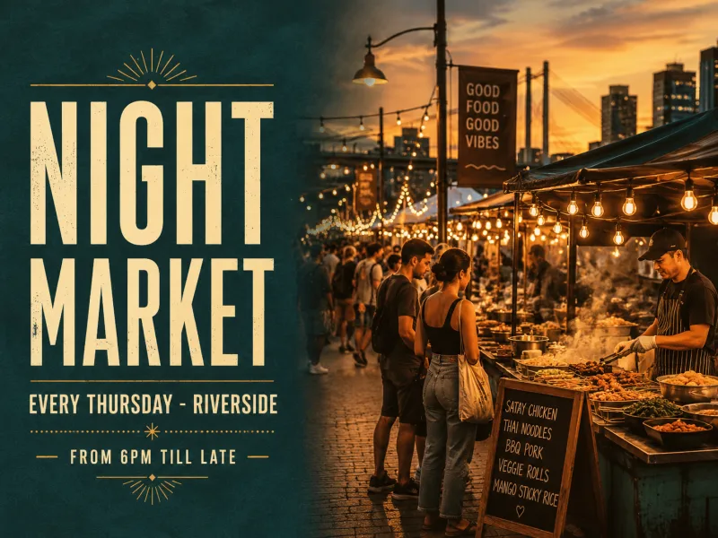 NIGHT MARKET poster pairing a warm golden-hour street-food photograph with a written headline and details line.