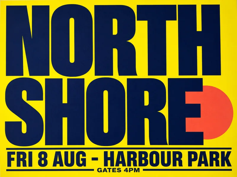 Typographic festival poster reading NORTH SHORE in navy on electric yellow, with the date line set crisply beneath.