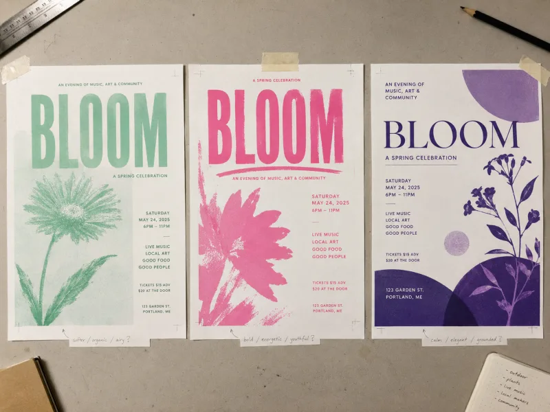 Three BLOOM draft posters side by side in mint, pink and purple, exploring different directions for the same event.