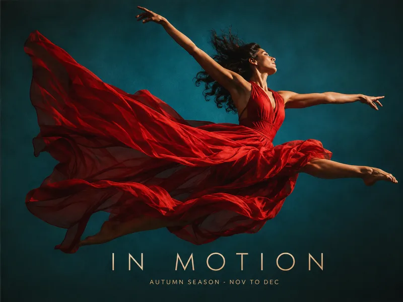 IN MOTION poster carried by a full-bleed photograph of a dancer in scarlet fabric, with only a small headline.