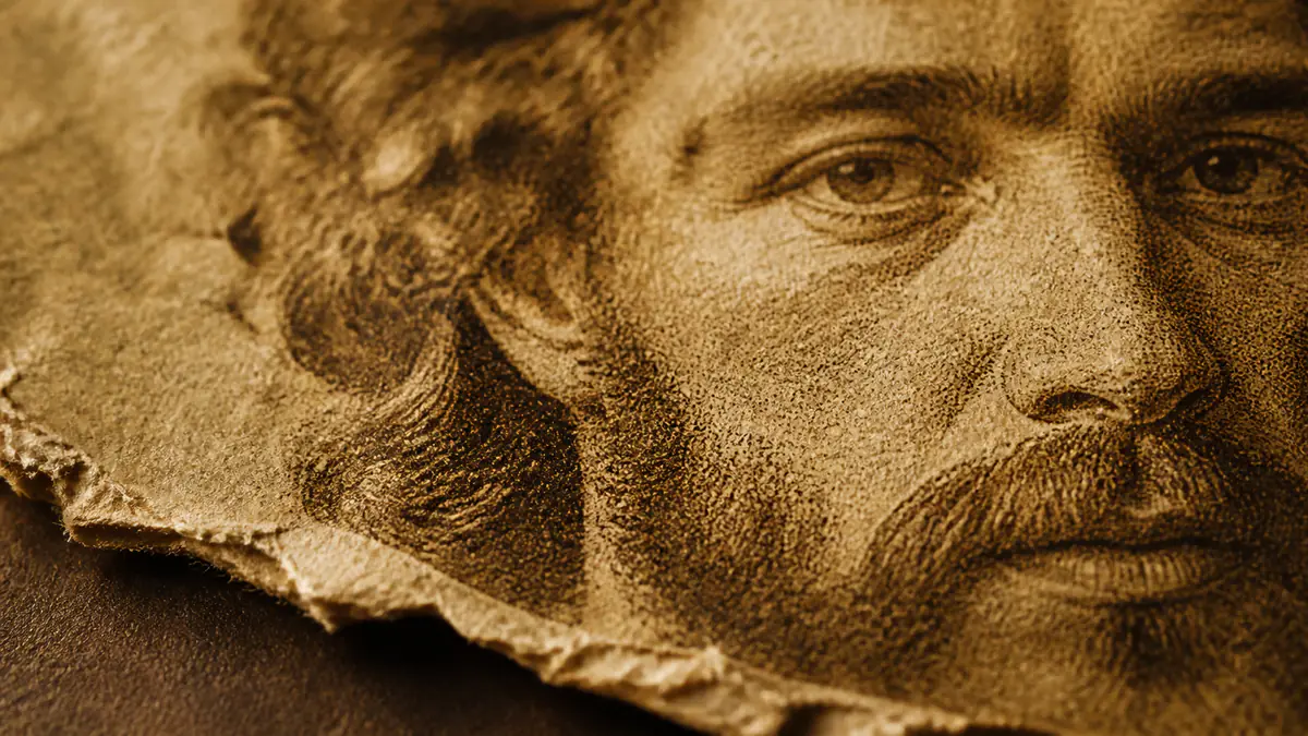 A portrait photograph rendered into parchment, with ink wear and torn paper edges wrapping around the face.