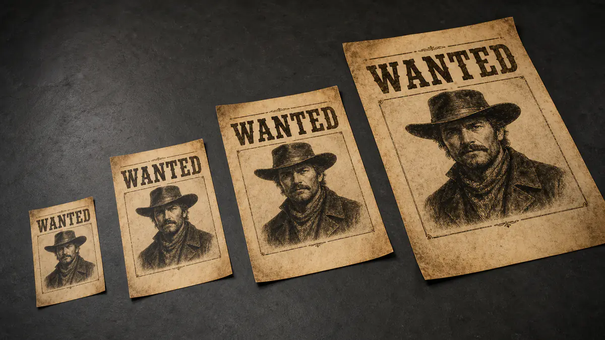 A wanted poster shown at several print sizes, from a small handout up to a large pinned-up sheet.