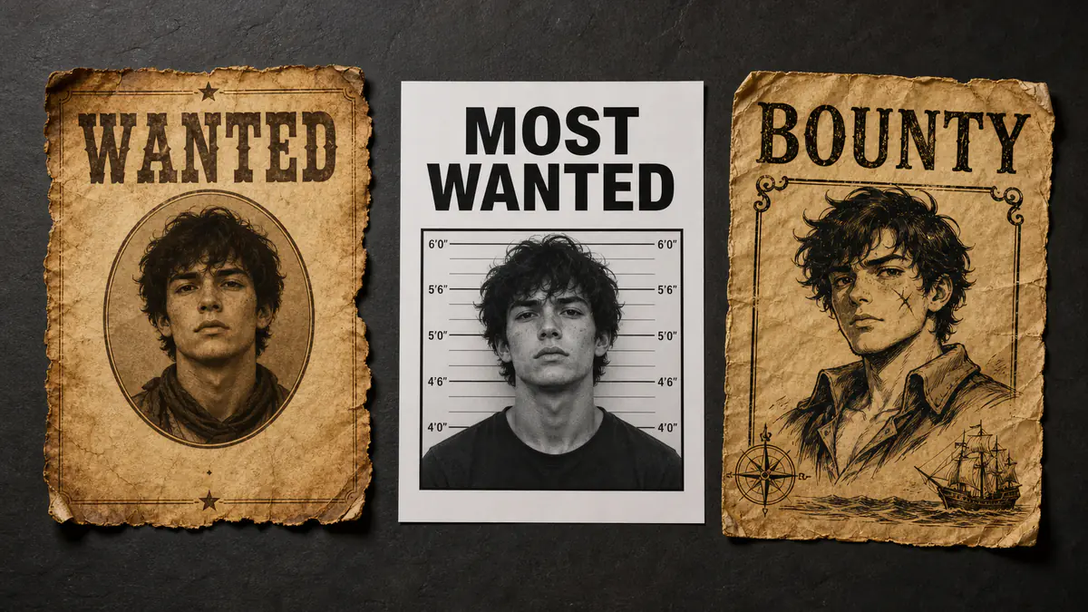 The same portrait shown three ways: Old West parchment, a modern bulletin-style notice and an anime bounty sheet.