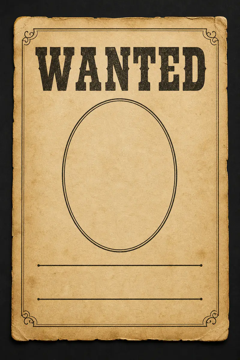 Blank wanted poster template with an empty oval portrait area and an unfilled reward line, ready to print and write on.