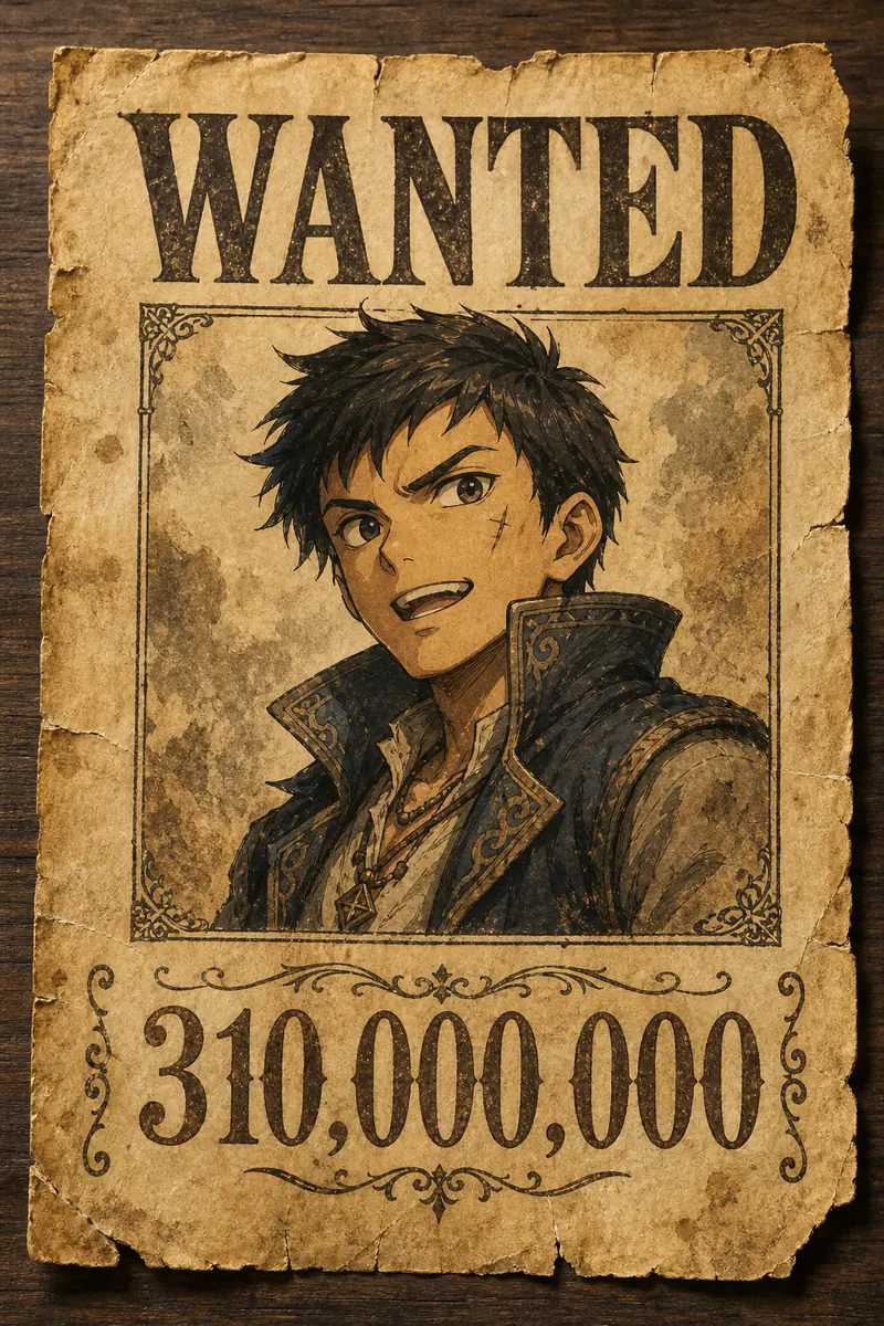 Anime-style bounty sheet with a stylised portrait and oversized bounty figures on sea-worn paper.