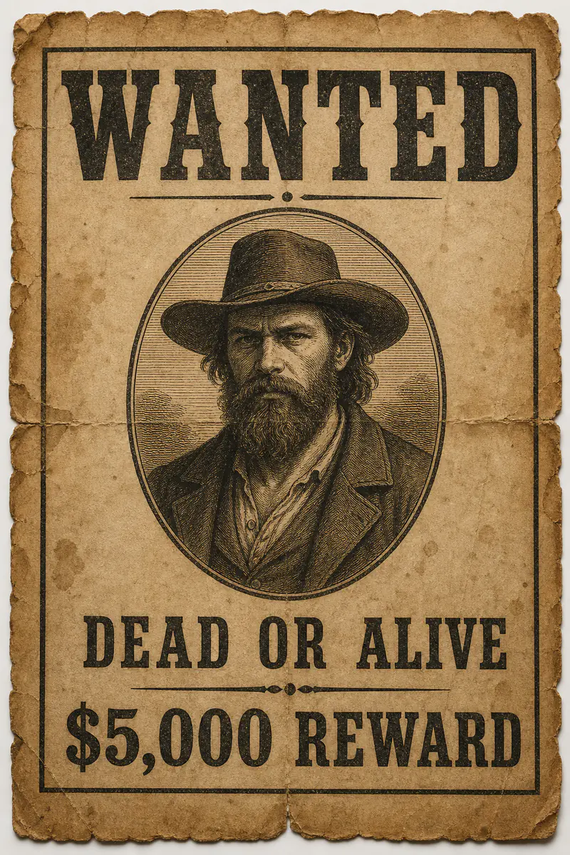 Old West wanted poster on aged parchment: a sepia portrait above a large REWARD line in wood-type capitals.