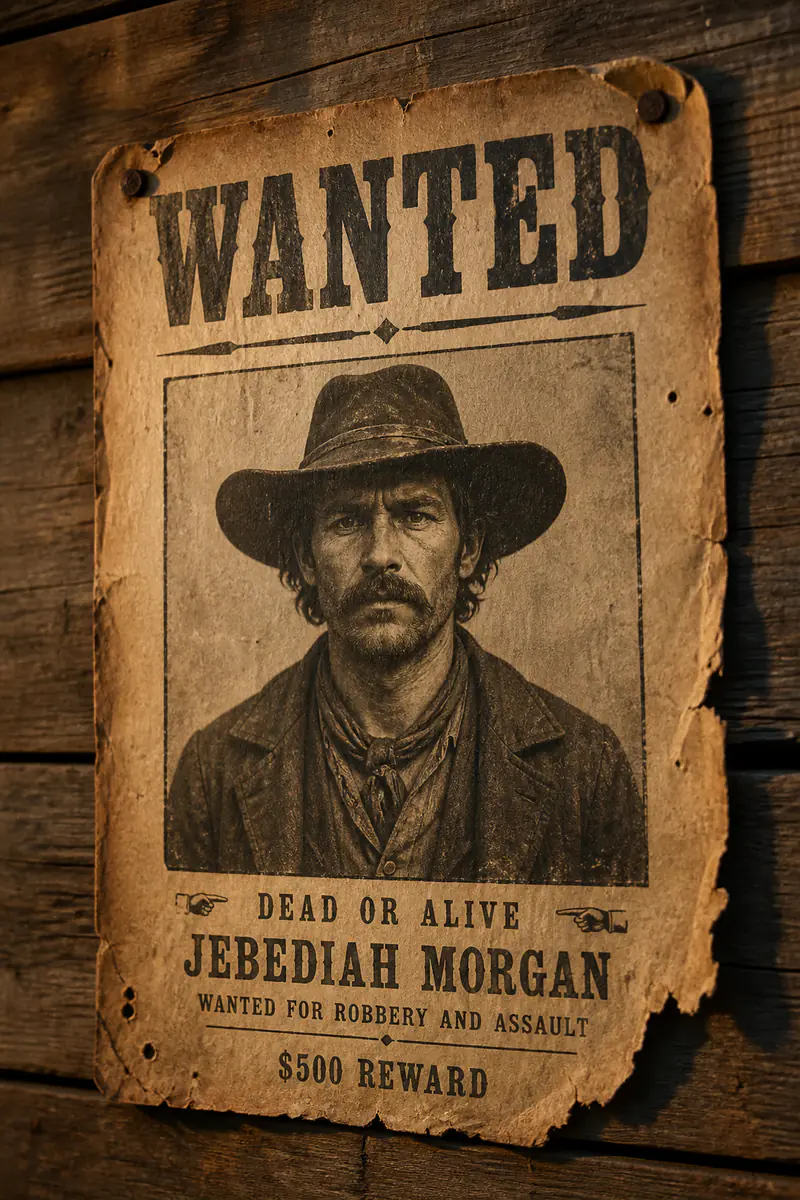 Weathered wanted poster pinned to a saloon wall, with torn edges, tack marks and faded ink.
