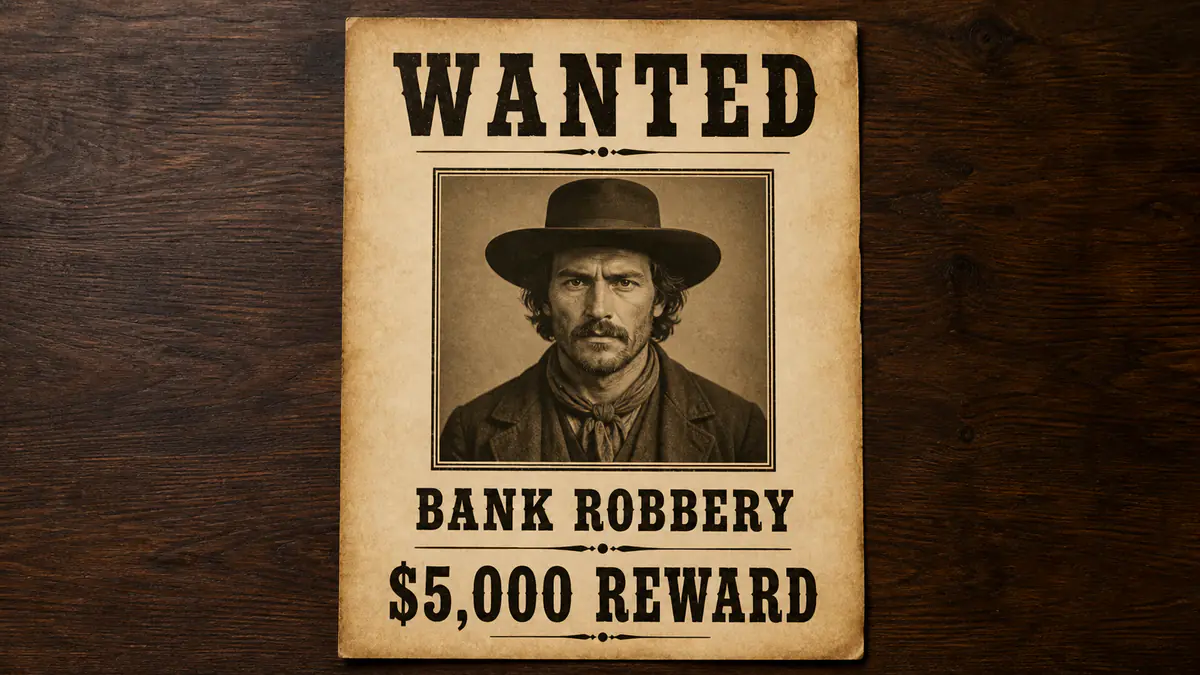 Wide wanted poster layout showing its four parts: the WANTED heading, the portrait, the charge line and the reward figure.
